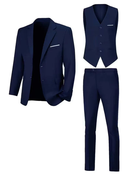 Slim Fit Three-Piece Suit Set with Notched Lapels and Waistcoat for Men