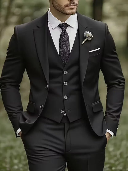 Slim Fit Three-Piece Suit Set with Notched Lapels and Waistcoat for Men