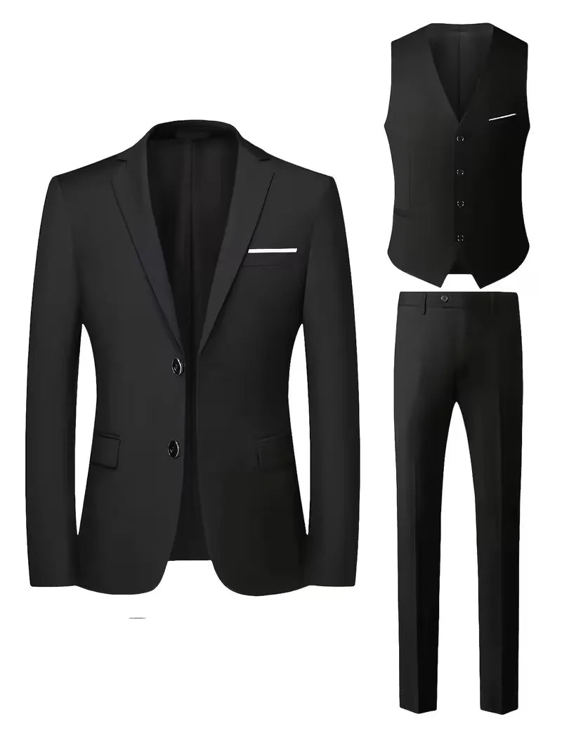 Slim Fit Three-Piece Suit Set with Notched Lapels and Waistcoat for Men