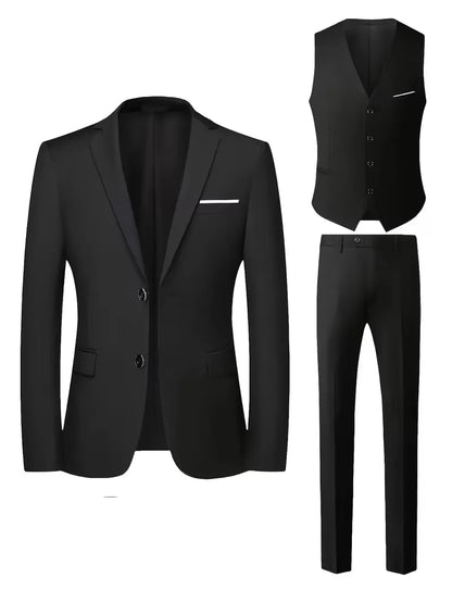 Slim Fit Three-Piece Suit Set with Notched Lapels and Waistcoat for Men
