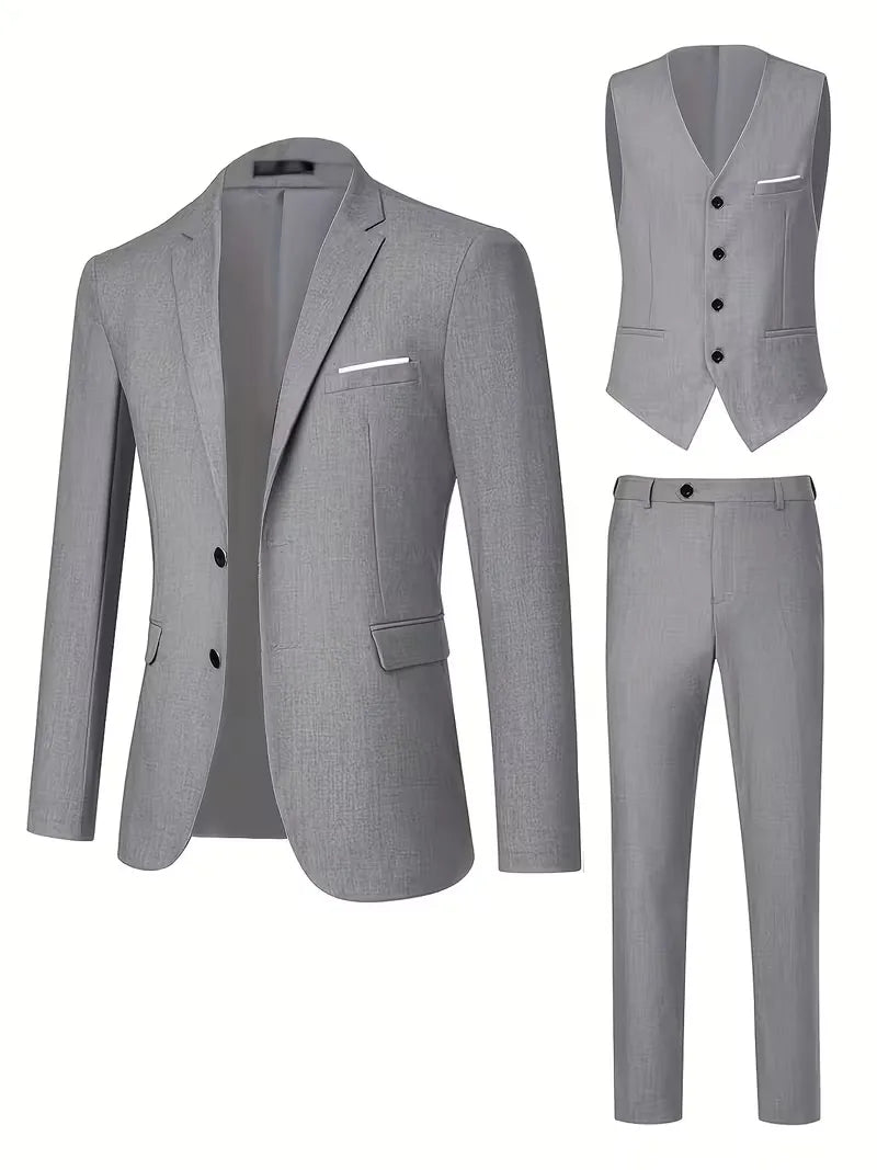Slim Fit Three-Piece Suit Set with Notched Lapels and Waistcoat for Men