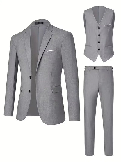 Slim Fit Three-Piece Suit Set with Notched Lapels and Waistcoat for Men