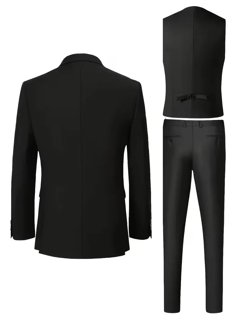 Slim Fit Three-Piece Suit Set with Notched Lapels and Waistcoat for Men