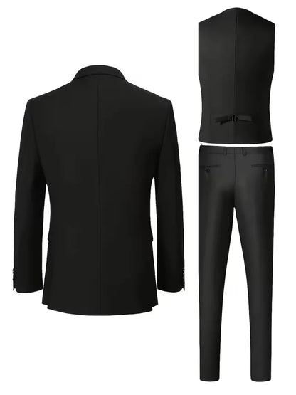 Slim Fit Three-Piece Suit Set with Notched Lapels and Waistcoat for Men