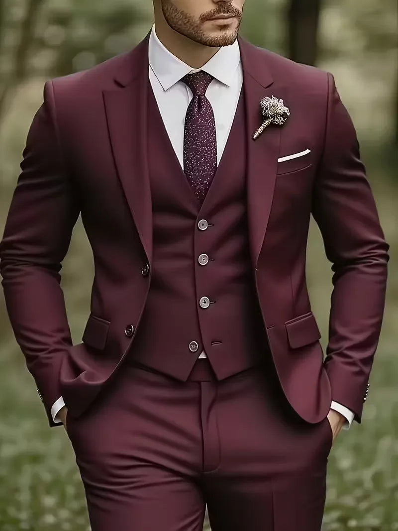 Slim Fit Three-Piece Suit Set with Notched Lapels and Waistcoat for Men