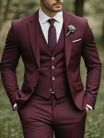 Slim Fit Three-Piece Suit Set with Notched Lapels and Waistcoat for Men