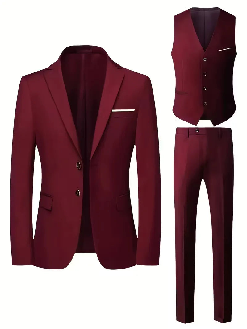 Slim Fit Three-Piece Suit Set with Notched Lapels and Waistcoat for Men