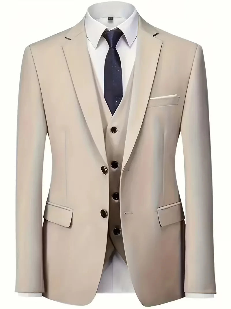 Slim Fit Three-Piece Suit Set with Notched Lapels and Waistcoat for Men