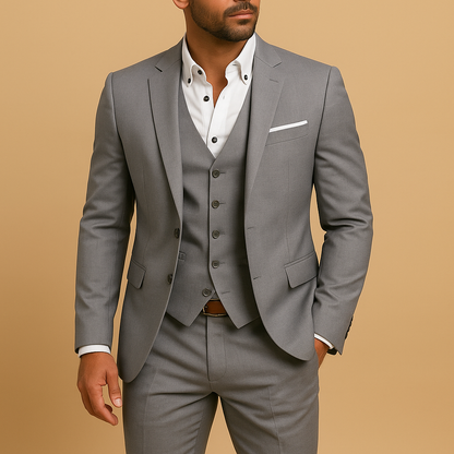Slim Fit Three-Piece Suit with Waistcoat and Pocket Square for Men