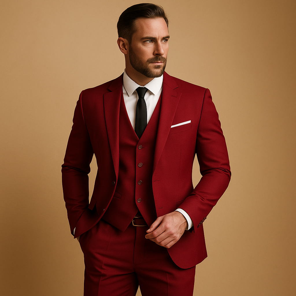 Slim Fit Three-Piece Suit with Waistcoat and Pocket Square for Men