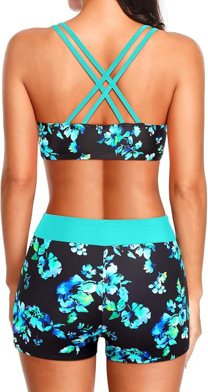 Cross-Back Three-Piece Tankini and Boyshort Set