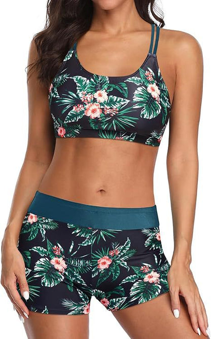 Cross-Back Three-Piece Tankini and Boyshort Set