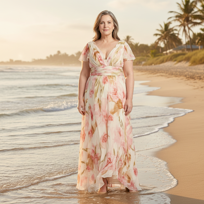 Elara - V Neck Floral Maxi Dress with Flowing Skirt 0