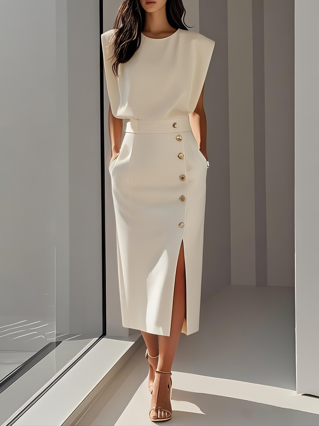 Sleeveless Midi Dress with Button Front and Leg Split for Women