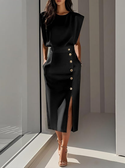 Sleeveless Midi Dress with Button Front and Leg Split for Women