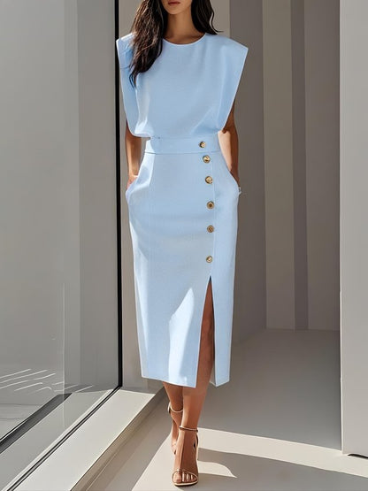 Sleeveless Midi Dress with Button Front and Leg Split for Women