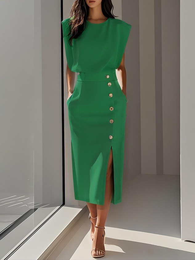 Sleeveless Midi Dress with Button Front and Leg Split for Women