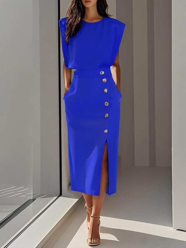 Sleeveless Midi Dress with Button Front and Leg Split for Women