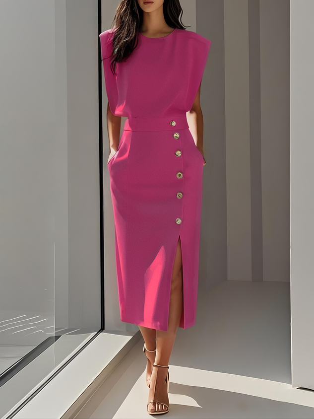 Sleeveless Midi Dress with Button Front and Leg Split for Women