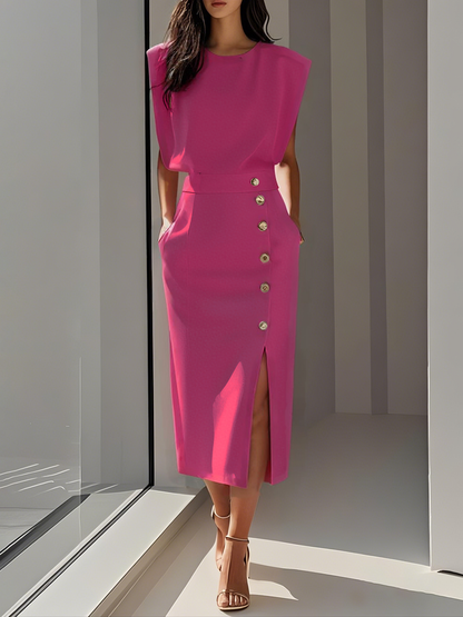 Sleeveless Midi Dress with Button Front and Leg Split for Women