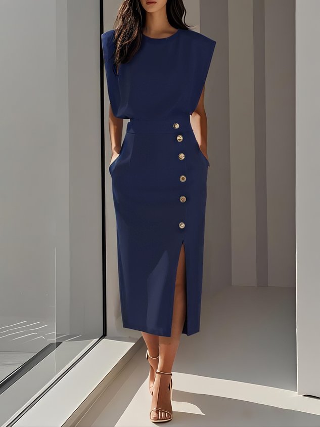 Sleeveless Midi Dress with Button Front and Leg Split for Women