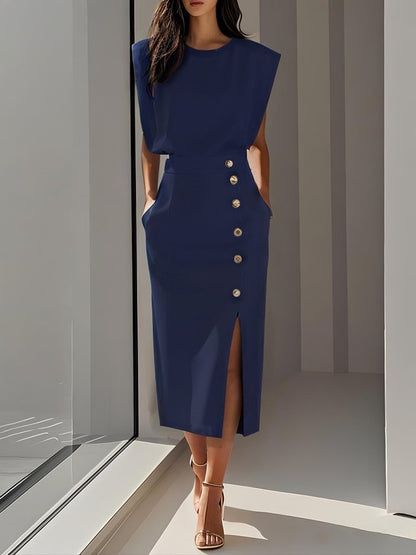 Sleeveless Midi Dress with Button Front and Leg Split for Women