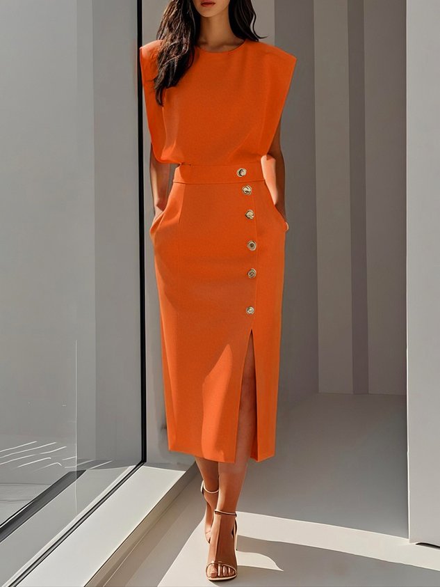Sleeveless Midi Dress with Button Front and Leg Split for Women