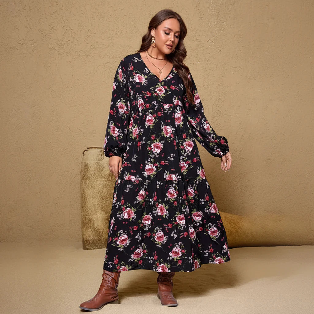 Elegant Black Floral Midi Dress - Plus Size Boho Party & Cocktail Wear 0