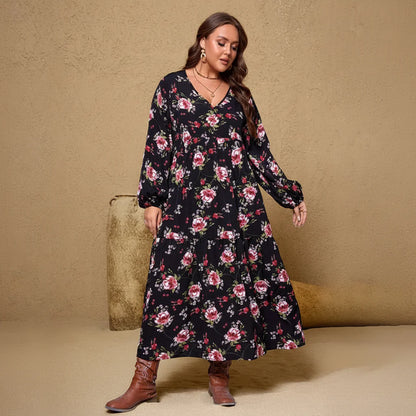Elegant Black Floral Midi Dress - Plus Size Boho Party & Cocktail Wear 0