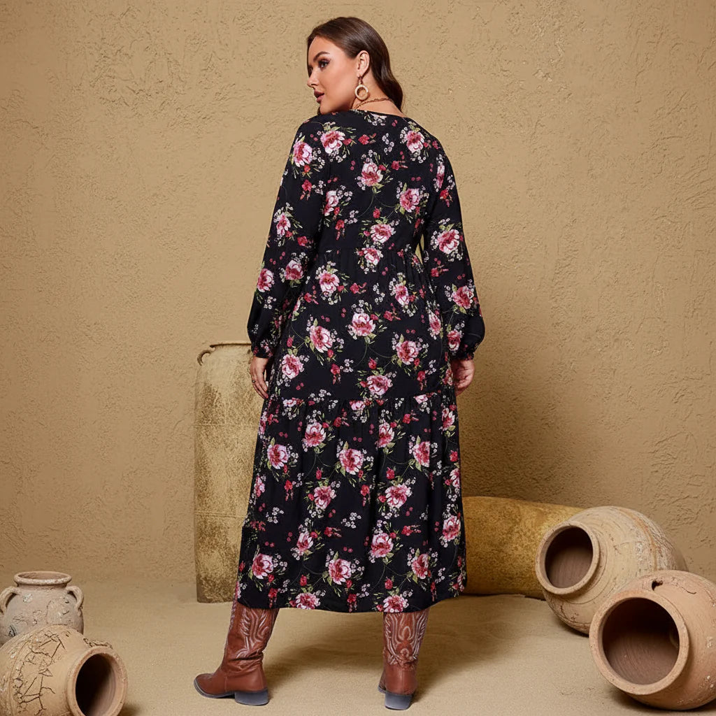 Elegant Black Floral Midi Dress - Plus Size Boho Party & Cocktail Wear 3