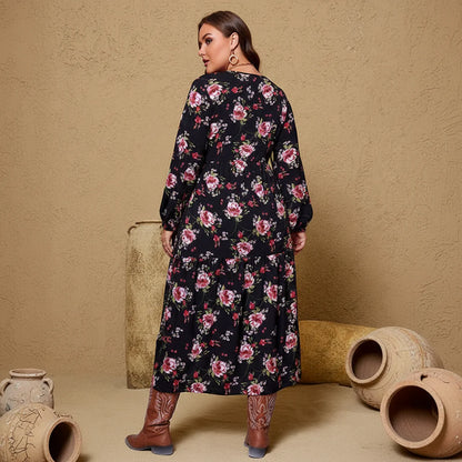 Elegant Black Floral Midi Dress - Plus Size Boho Party & Cocktail Wear 3