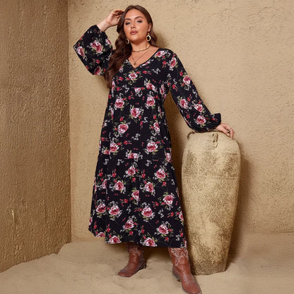 Elegant Black Floral Midi Dress - Plus Size Boho Party & Cocktail Wear 4