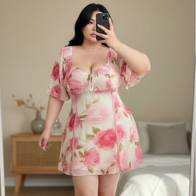 Elegant Floral Plus Size Dress with Ruffle Sleeves and Tiered Design 0
