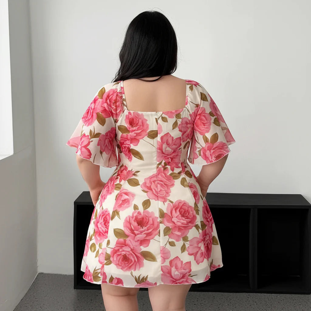 Elegant Floral Plus Size Dress with Ruffle Sleeves and Tiered Design 1