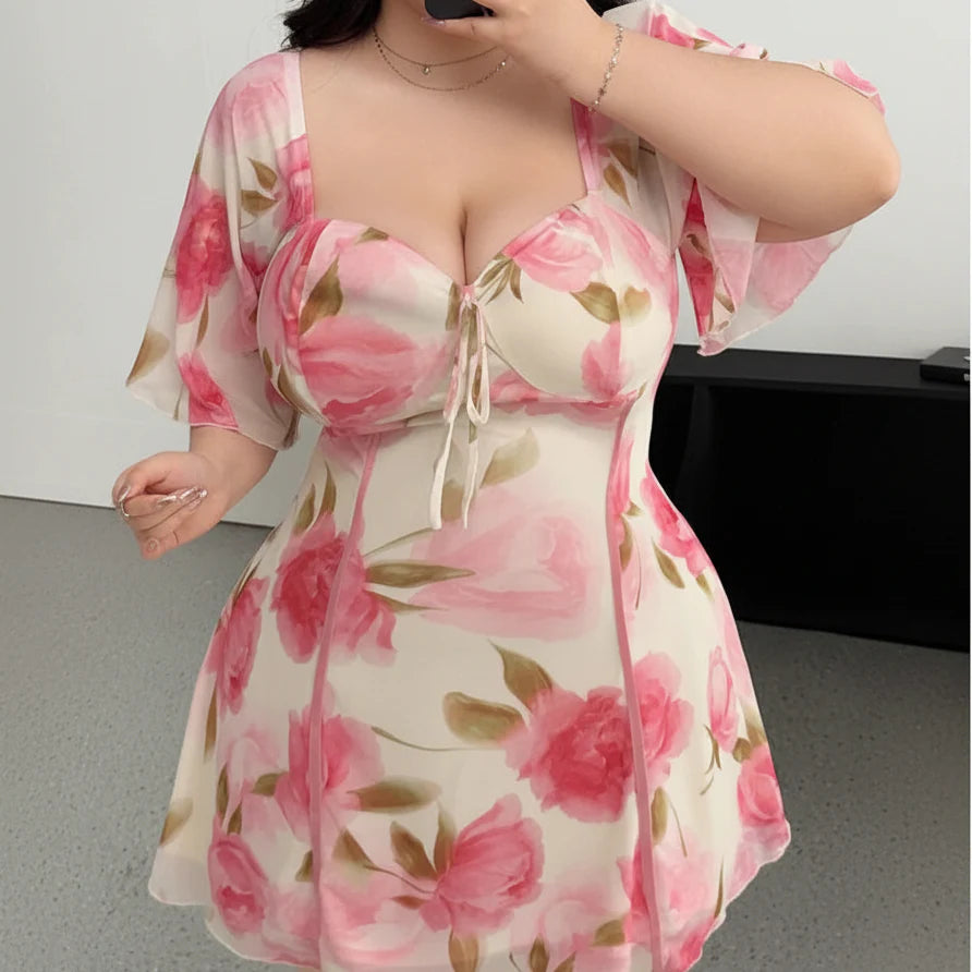Elegant Floral Plus Size Dress with Ruffle Sleeves and Tiered Design 2