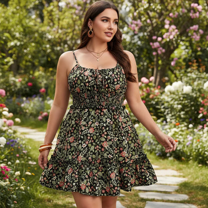 Elegant Floral Print Plus Size Dress - Sleeveless Ruffle Vacation Style 5