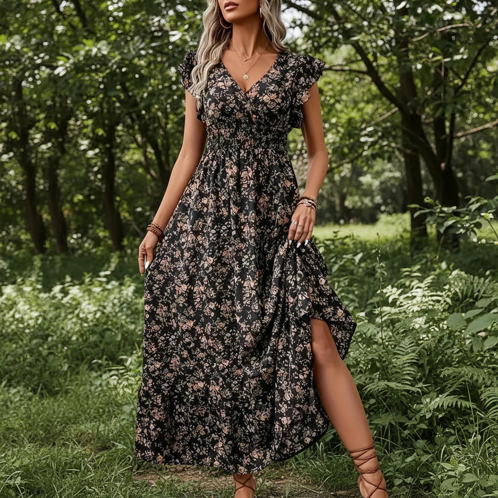 Elegant Plus Size Floral Print V-Neck Ruffle Hem Dress - 1XL to 5XL 0