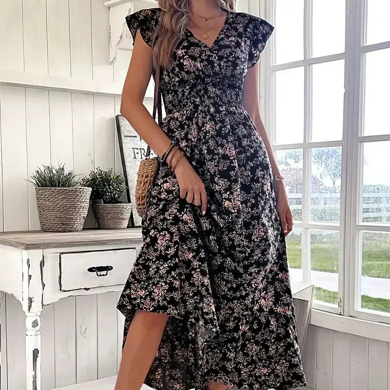 Elegant Plus Size Floral Print V-Neck Ruffle Hem Dress - 1XL to 5XL 3