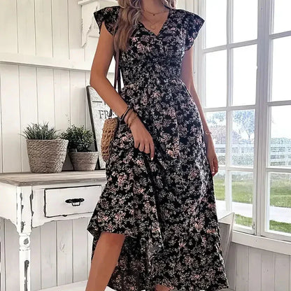 Elegant Plus Size Floral Print V-Neck Ruffle Hem Dress - 1XL to 5XL 3