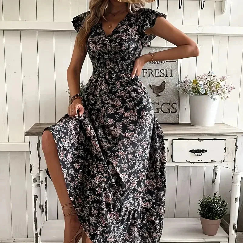Elegant Plus Size Floral Print V-Neck Ruffle Hem Dress - 1XL to 5XL 4