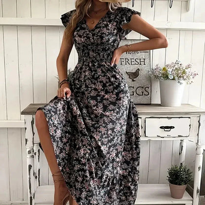 Elegant Plus Size Floral Print V-Neck Ruffle Hem Dress - 1XL to 5XL 4