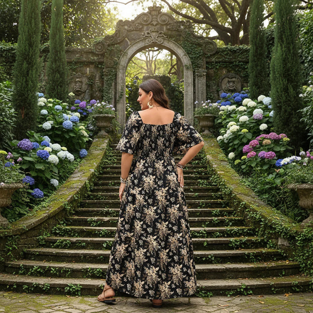 GIBSIE Plus Size Floral Print Maxi Dress with Square Neck & Knot Front 1