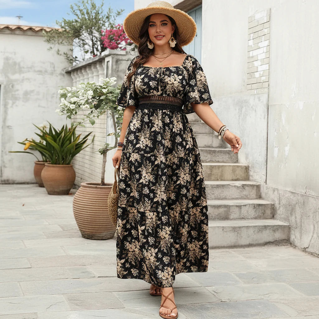 GIBSIE Plus Size Floral Print Maxi Dress with Square Neck & Knot Front 2
