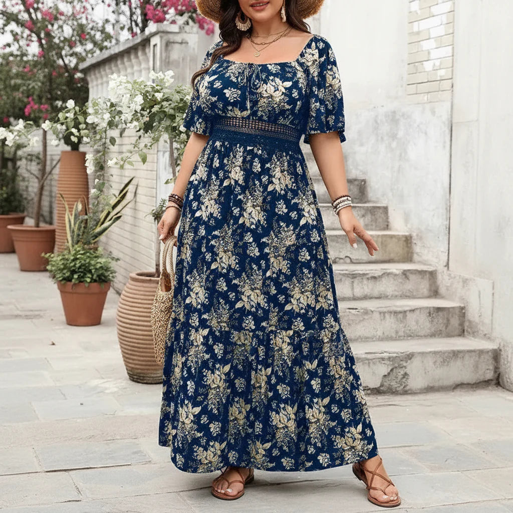 GIBSIE Plus Size Floral Print Maxi Dress with Square Neck & Knot Front 6