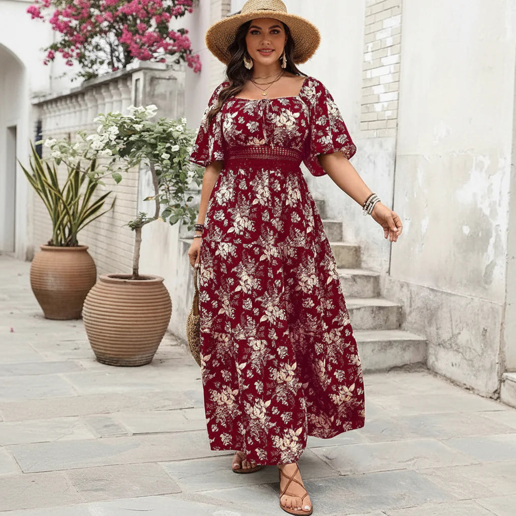 GIBSIE Plus Size Floral Print Maxi Dress with Square Neck & Knot Front 7