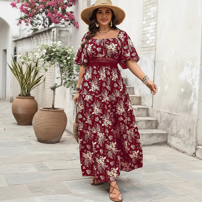 GIBSIE Plus Size Floral Print Maxi Dress with Square Neck & Knot Front 7