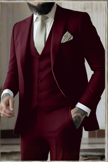 Slim Fit Three-Piece Suit with Peak Lapel for Men