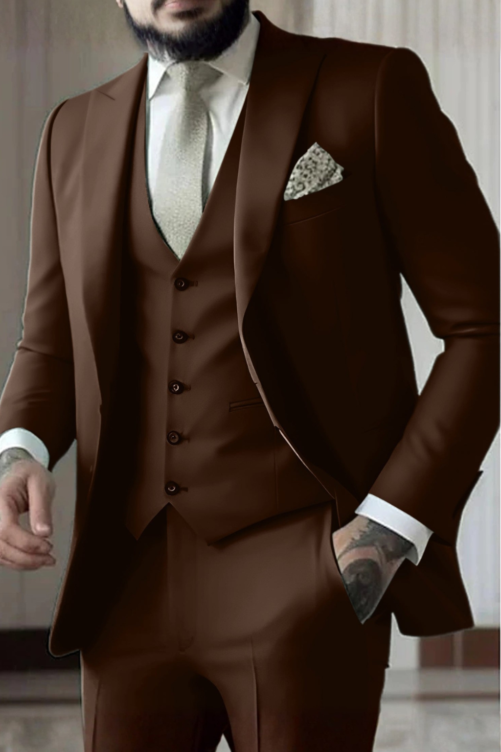 Slim Fit Three-Piece Suit with Peak Lapel for Men