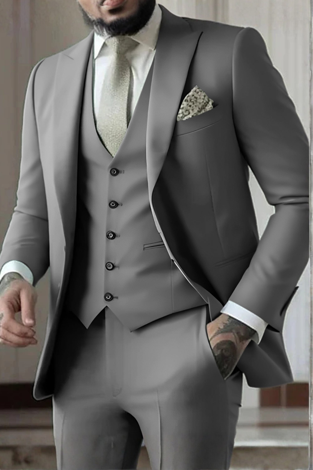 Slim Fit Three-Piece Suit with Peak Lapel for Men