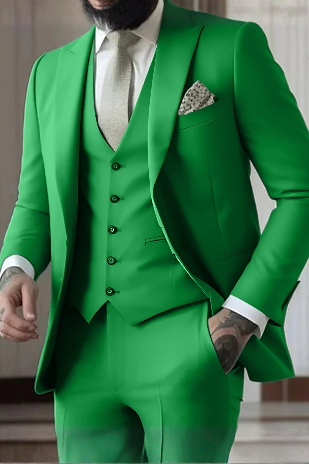 Slim Fit Three-Piece Suit with Peak Lapel for Men